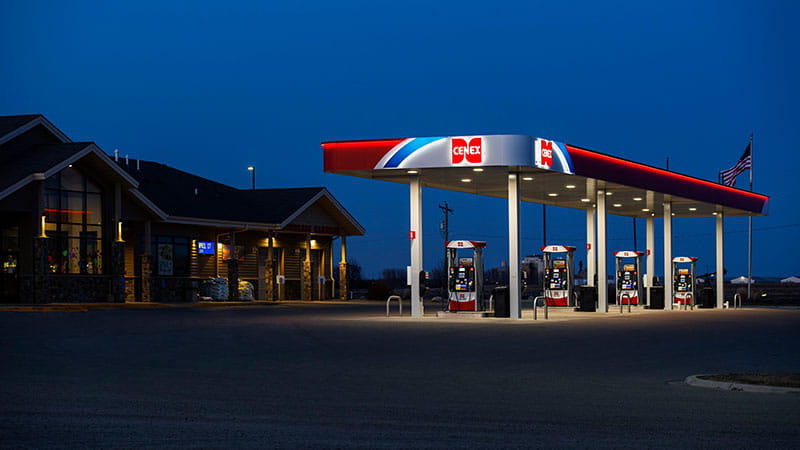 Cenex gas station at night.