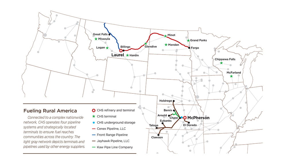 Map showing pipelines operated by CHS and other companies in the United States.